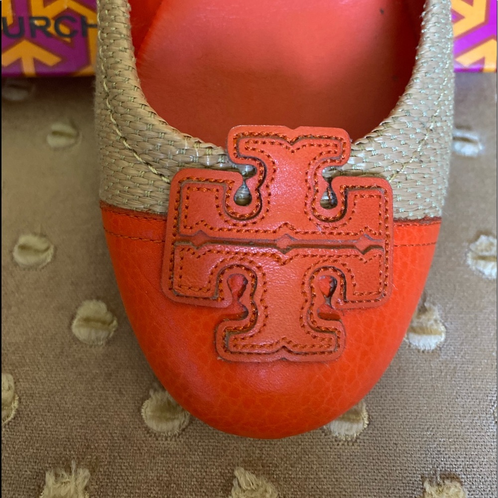 Tory Burch Orange & straw classic ballet flats